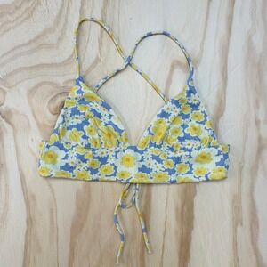RVCA Womens Small Yellow Blue Floral Ribbed Triangle Bikini Top Cross Back Tie